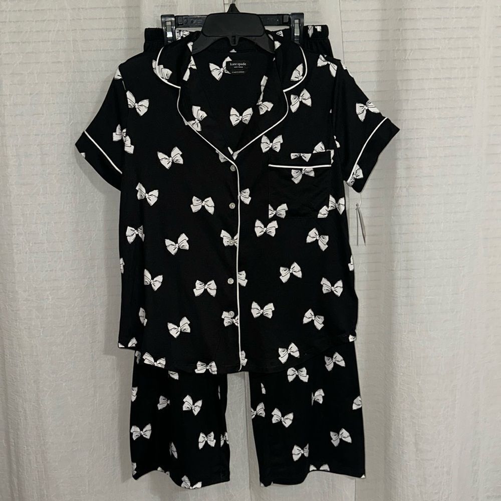 kate spade Black White Bow Tie Notched Collar Short Sleeve Top Pants PJ Set